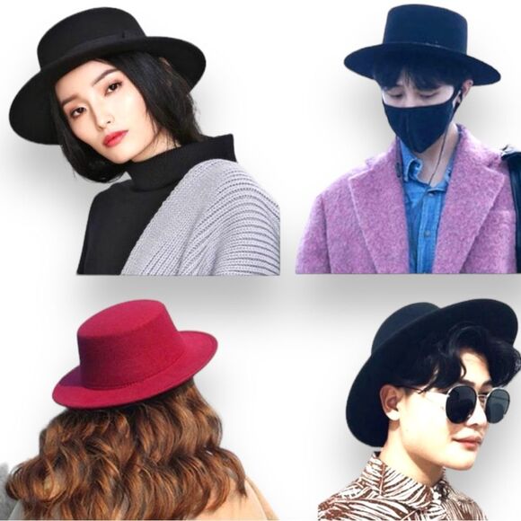 Trendy Round Flat Top Crown Stiff Brim Black Buckle Band Camel Tan Hat NEW - Picture 3 of 4